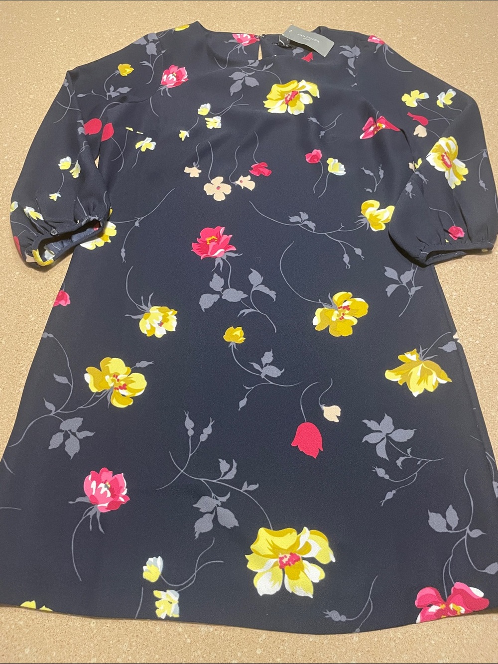 Ann Taylor Navy Floral Shift Dress with Yellow & Pink Blooms